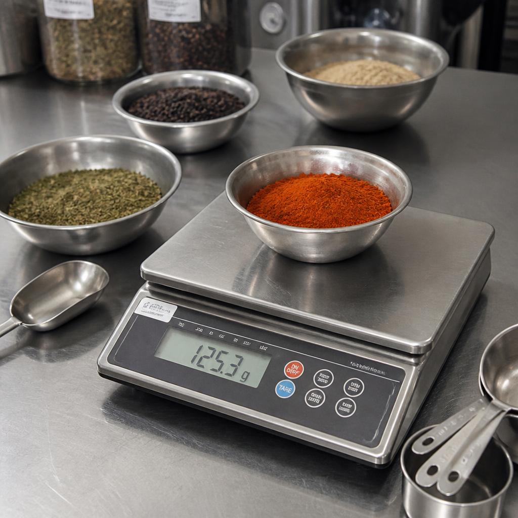 Spices and dry ingredients weighed on a prep table
