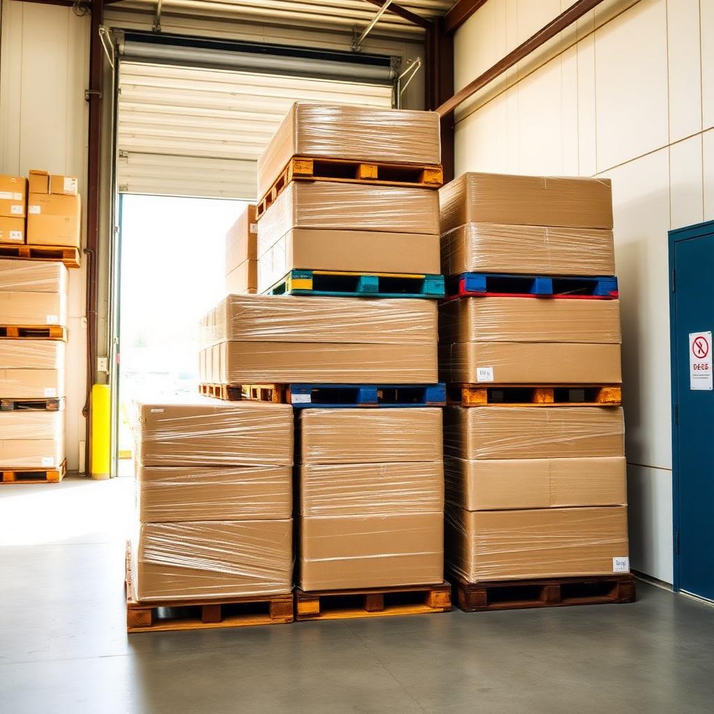 Shrink-wrapped pallets staged for shipping