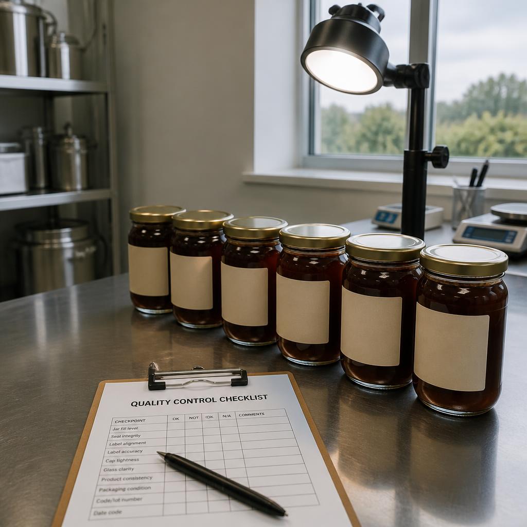 Jars staged under an inspection lamp with a quality control checklist